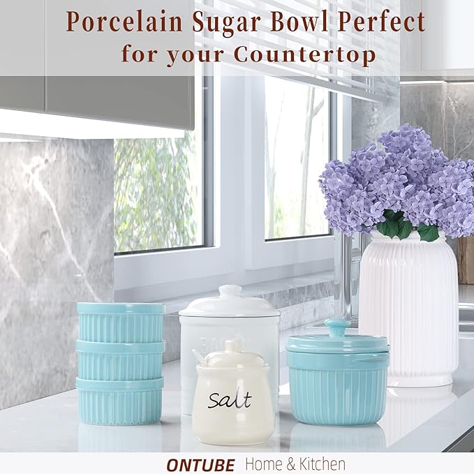 ONTUBE Ceramic Salt Bowl with Lid and Spoon 12oz (Beige)
