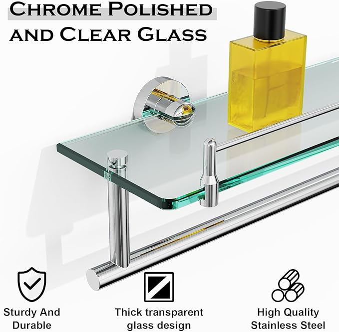 24-Inch Towel Rack with Shelves Tempered Glass Bathroom Shelves with Bar - Chrome Polished Modern Stainless Steel, Wall Mount Rustproof Tower Rail