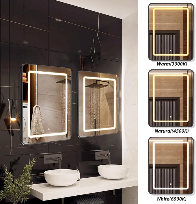 APRILSOUL 20X30 Inch Black Bathroom Medicine Cabinet with Mirror, Recessed or Surface Lighted Medicine Cabinet with 3 Colors Temperature, Dimmable Light