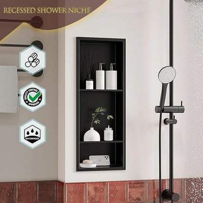 Neodrain 12X30 Inch Matte Black 3-Tier Stainless Steel Shower Niche, NO Tile Needed Recessed Wall Niche Shelf for Bathroom Storage Cabinet