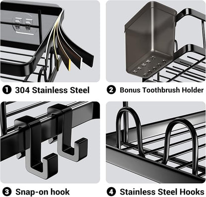 Corner Shower Caddy, 2 Pack Adhesive Shower Corner Organizer Shelves, No Drilling Stainless Steel Shower Storage Rack with Hooks&Toothpaste Holder for Bathroom Kitchen （for 90° Corners Only）