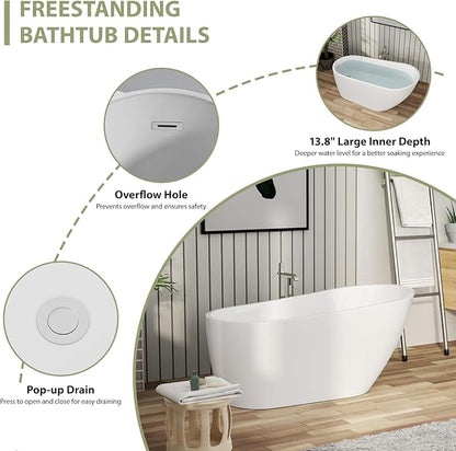 Mocoloo Freestanding Bathtub - 59 Inch Acrylic Stand Alone Soaking Bath Tub for Bathroom with a Right Overflow and Drain