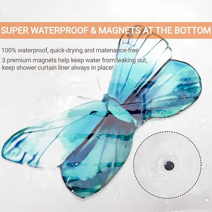 Clear Colorful Floral Butterfly Shower Curtain Liner, Plastic Pretty Pink and Orange Flower Green Eucalyptus Leaf Shower Curtains for Bathroom, 72x78 Weighted Magnetic Shower Curtain Set with 12 hooks