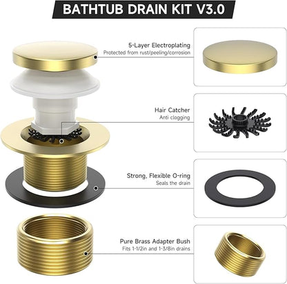 Brushed Gold Tub Drain, Brass Bathtub Drain Kit with Hair Catcher, Tip-Toe Bath Drains and Overflow Replacement kit, Tub Drain Stopper with Two-Hole Overflow Faceplate Conversion kit Assembly