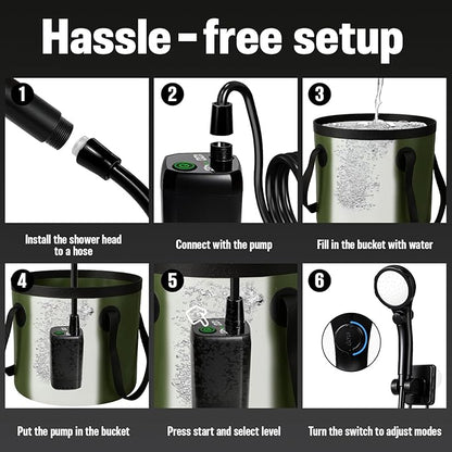 Portable Shower for Camping, 6000mAh Rechargeable Camp Shower Pump with Large Capacity Foldable Bucket, Filtered Shower Head, Outdoor Camp Shower Pump for Hiking, RV, Traveling, Car Washing, Pet Bath