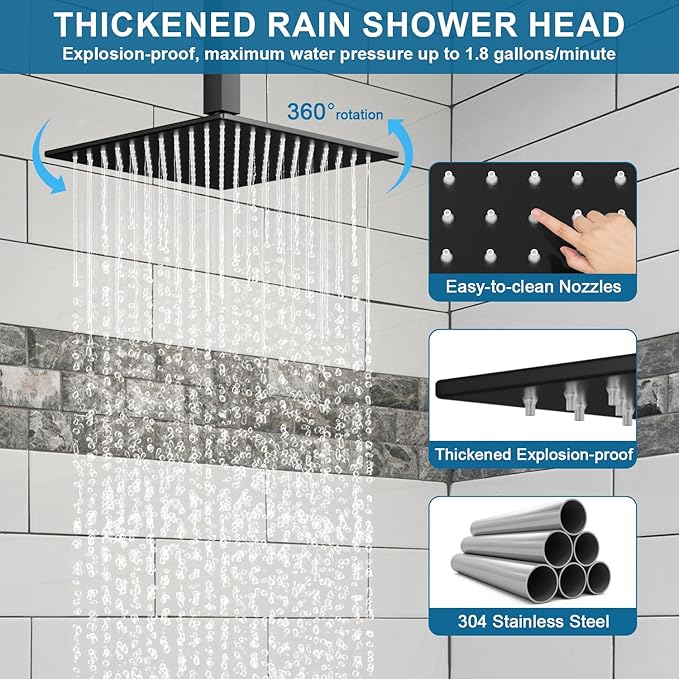Shower Faucet Set Black Shower System, Ceiling Mount 12 Inch Shower Head With Wall Mount 6 Inch Shower Head and 2 in 1 Handheld Spray, Push Button Diverter Shower Valve Trim Kit Complete