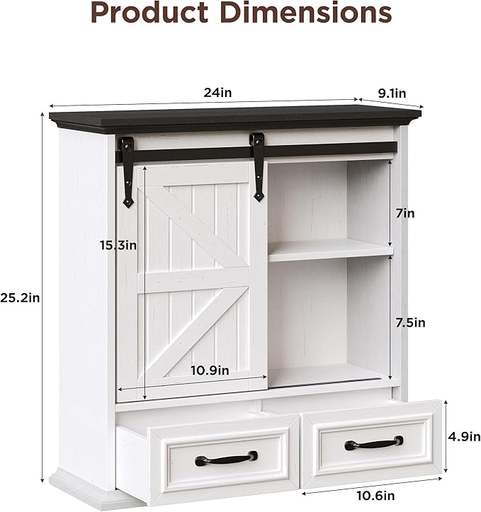 Bathroom Wall Storage Cabinet with 2 Drawers, White Floating Wall Mounted Medicine Cabinet with Sliding Door & Adjustable Shelves, Over The Toilet for Bathroom, Laundry Room, Kitchen
