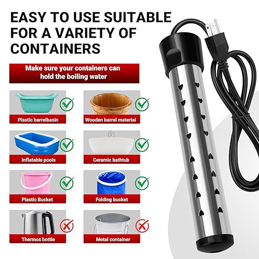 Immersion Water Heater,Anti-scalding Bucket Heater with Stainless Steel Guard Heat 5 Gallons of Water in Minutes,Electric Pool Water Heater for Above Ground Pool Bathtub,Camping