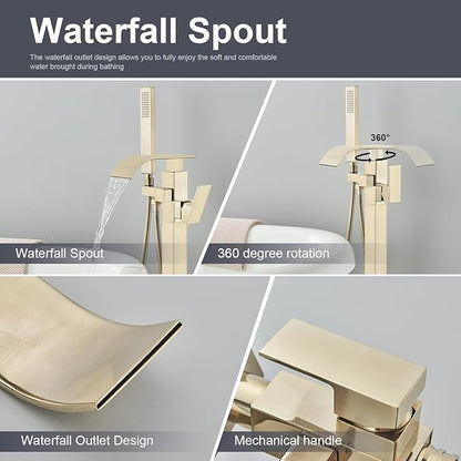 Senlesen Freestanding Bathtub Faucets Floor Mounted Tub Filler Faucet with Handshower Brushed Gold
