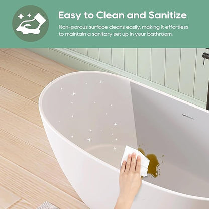 SJ STAR&JANE 55" Solid Surface Freestanding Bathtub Stone Resin Tub Oval Double Slippers Stand Alone Soaking Tub with Pop-up Drain and Overflow, Matte White