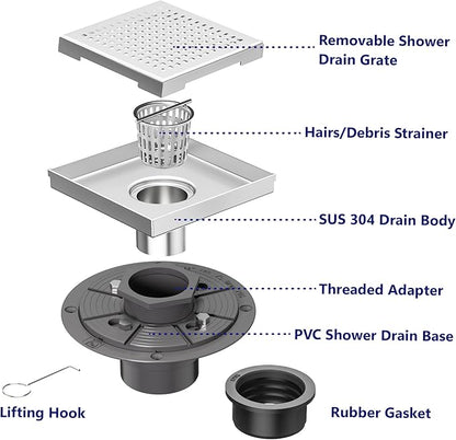 Neodrain 6-Inch Square Shower Drain with Removable Quadrato Pattern Grate, PVC Shower Drain Base and Rubber Gasket for Bathroom Floor Drain, Brushed 304 Stainless Steel, Includes Hair Strainer