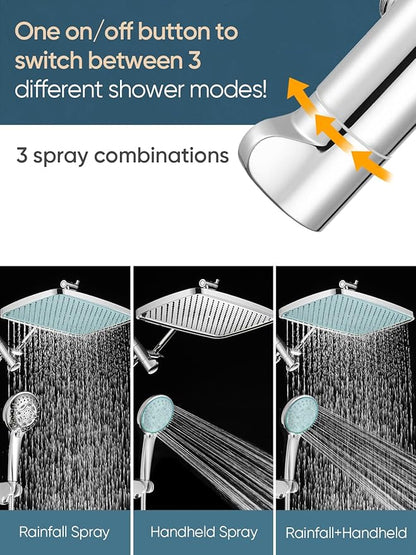 Cobbe 12'' Rain Shower Head with Extension Arm - Dual Shower Heads with 8 Modes Handheld Spray Combo - Wide RainFall shower with Anti-Clog Nozzles, Adhesive Showerhead Holder, Chrome