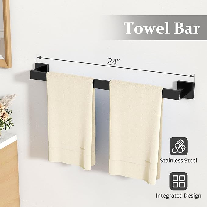 10-Piece Matte Black Bathroom Hardware Accessories Set, 24 inch Towel Bar, Stainless Steel Towel Racks for Bathroom, Bath Towel Bar Set Wall Mounted