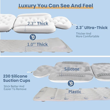 Luxury Bath Cushion, Full Body Bathtub Pillow with 160 Suction Cups, Bath Mat for Head and Neck Support, with Laundry Bag (White, 60.2" x 16.2")