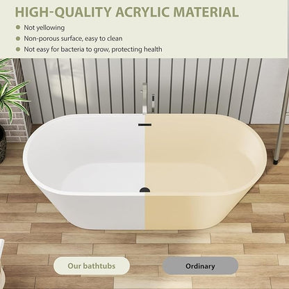 67" Acrylic Freestanding Bathtub - Mocloo Modern Elegant Soaking Stand Alone Bathroom Tub, Matte White, Overflow and Black Offset Drain