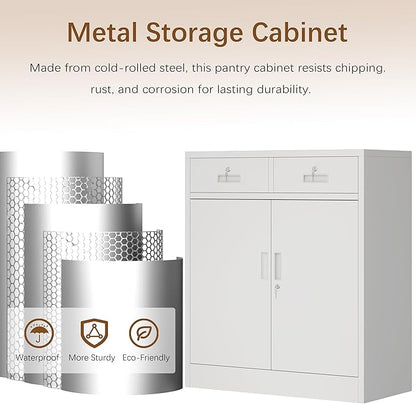 Metal Storage Cabinet, 36 Inch Tall Metal Storage Cabinet with Doors and Shelves, Pantry Cabinets with Drawer for Kitchen Storage, Garage Cabinet for Living, Dining Room, Assemble Required.