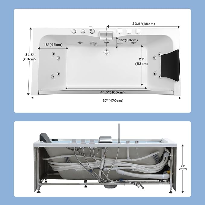 Empava 67" x 30" Whirlpool Tub,750W Acrylic Jetted Bathtub with 11 Jets,Hydromassage with Chromatherapy,3-Side Apron,67 Gallons,ETL Certified