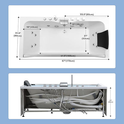 Empava 67" x 30" Whirlpool Tub,750W Acrylic Jetted Bathtub with 11 Jets,Hydromassage with Chromatherapy,3-Side Apron,67 Gallons,ETL Certified