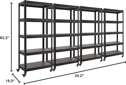 HOMEDANT House 5-Tier Metal Rolling Cart Shelf Rack Casters Heavy Duty Laminated Wheel Shelving Unit Adjustable Utility Storage Shelves Organizer Shelf Kitchen Garage (4, (S) 24.4" W, Black)
