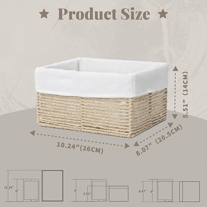 GYASVWU Hand-Woven Paper Rope Storage Baskets,Rectangular Wicker Baskets for Organizing,Decorative Woven Basket for Storage,Shelf Basket for Living Room,Storage Baskets for Pantry (Beige - Small)