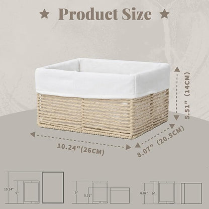 GYASVWU Hand-Woven Paper Rope Storage Baskets,Rectangular Wicker Baskets for Organizing,Decorative Woven Basket for Storage,Shelf Basket for Living Room,Storage Baskets for Pantry (Beige - Small)