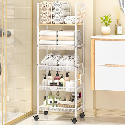 5-Tier Bathroom Storage Shelf, Mobile Metal Free Standing Shelving Unit with Wheels, Towel Rack Organizer with M-Shaped Detachable Dividers & 4 S-Hooks, Rolling Cart for Bathroom Laundry Kitchen,White