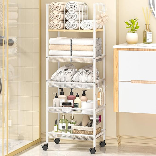 5-Tier Bathroom Storage Shelf, Mobile Metal Free Standing Shelving Unit with Wheels, Towel Rack Organizer with M-Shaped Detachable Dividers & 4 S-Hooks, Rolling Cart for Bathroom Laundry Kitchen,White
