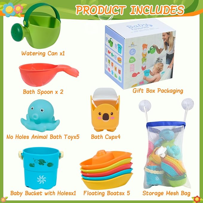 Mold Free Bath Toys, 17PCS | Safe Easy Clean & Fun Floating Boats & Rotating Waterfall Cups & Watering Can and No Hole Bath Toy for Babies 12+ Months | Bathtub Sand Beach Pool Water Toddler Toys