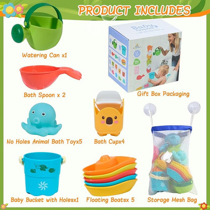 Mold Free Bath Toys, 17PCS | Safe Easy Clean & Fun Floating Boats & Rotating Waterfall Cups & Watering Can and No Hole Bath Toy for Babies 12+ Months | Bathtub Sand Beach Pool Water Toddler Toys