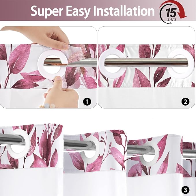 No Hook Shower Curtain and Liner Set, Dark Red Eucalyptus Floral Shower Curtains for Bathroom, Bath Curtain Sets with Snap in Liner, Waterproof with See Through Top Window, 71x77 Inches