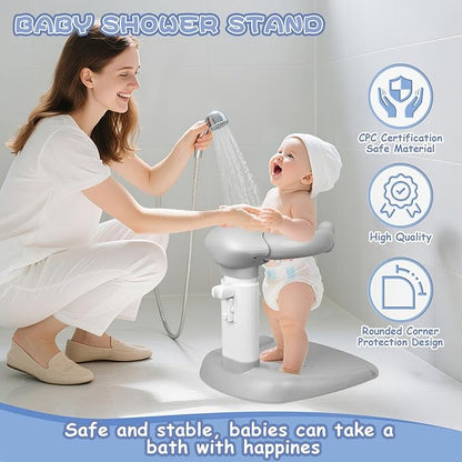 Adjustable Baby Bath Stand with Anti-Slip Base, Sturdy Baby Stand Up Shower, Huggable Bear Stand Bath Support for Babies 6 Months & up, Easy to Install | Anti-Pinch & Dumping, Mothers Hands-Free