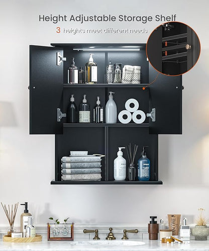 HAIOOU Bathroom Wall Cabinet with Motion Sensor LED Light, Wooden Medicine Cabinet Wall Mounted Cupboard, Over Toilet Storage Cabinet with Buffering Hinges and Adjustable Shelf - Black