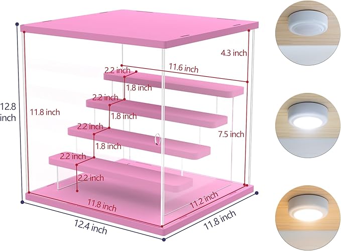 Choowin 5 Tier Clear Acrylic Lighted Display Case for Collectibles, Mini Figures, Pop Mart, Labubu, Sonny Angel, Smiski - Assemble Dustproof Display Box with Door, Stand (Pink Top Base, Clear Step)