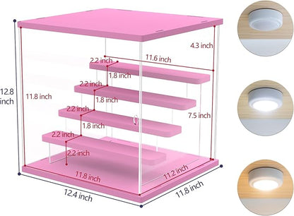 Choowin 5 Tier Clear Acrylic Lighted Display Case for Collectibles, Mini Figures, Pop Mart, Labubu, Sonny Angel, Smiski - Assemble Dustproof Display Box with Door, Stand (Pink Top Base, Clear Step)