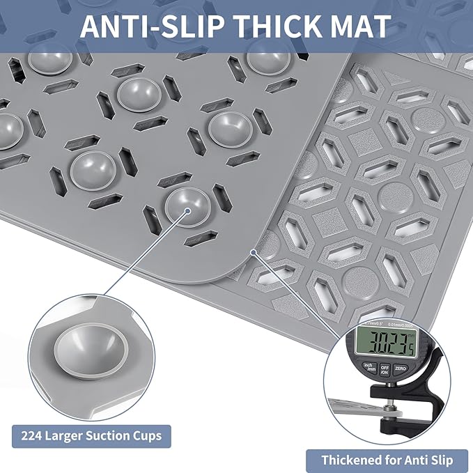 OTHWAY Square Shower Mat, 27"x 27" Extra Large Shower Mats for Inside Shower, TPE Anti Slip Shower Mat with Suction Cups Drain Holes, Machine Washable Shower Floor Mat (Grey)