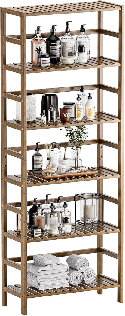 HITNET Bookcase, Bamboo Bookshelf, 6-Tier Adjustable Tall Open Book Shelf, Free Standing Storage Shelves Organizer, Flower Plant Display Stand, Walnut