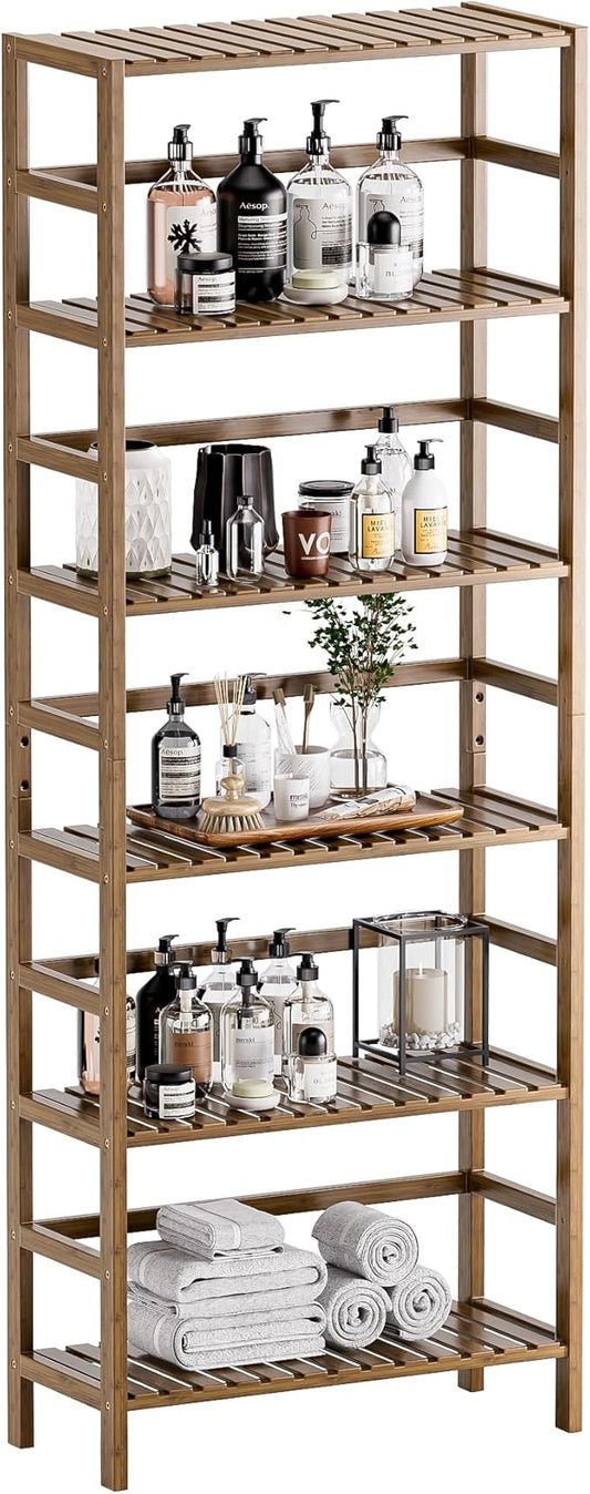 HITNET Bookcase, Bamboo Bookshelf, 6-Tier Adjustable Tall Open Book Shelf, Free Standing Storage Shelves Organizer, Flower Plant Display Stand, Walnut