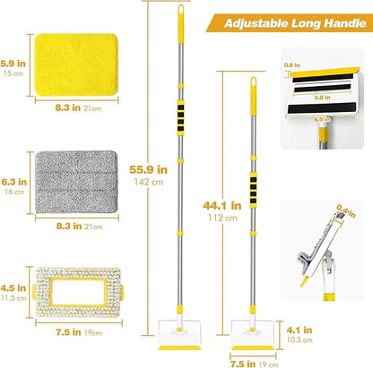 JEHONN Baseboard Cleaner Tool with Handle, 56 inches Base Boards Cleaning Mop Scrubber, 1 Stiff Bristles Brush, 2 Chenille and 2 Microfiber Pads, Wall Duster for Floorboard Ceiling Window (Yellow)