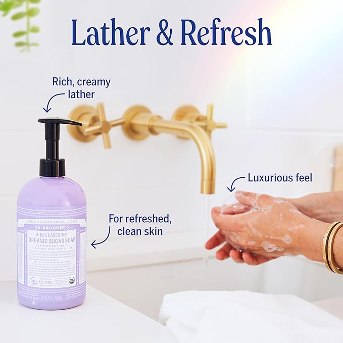 Dr. Bronner's - Organic Sugar Soap (Lavender, 24 Ounce) - Made with Organic Oils, Sugar and Shikakai Powder, 4-in-1 Uses: Hands, Body, Face and Hair, Cleanses, Moisturizes and Nourishes, Vegan