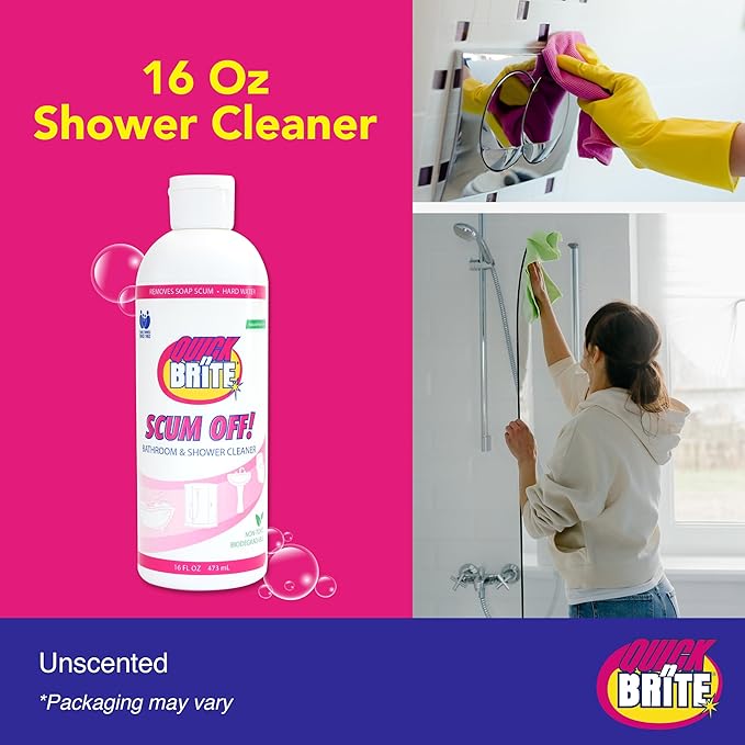 Quick 'n Brite Scum Off Shower Cleaner - No Scrub, No Harsh Chemical Daily Shower Cleaner, Multi-Surface All-Purpose Cleaner 16 Oz - Pack of 2 (Packaging May Vary)