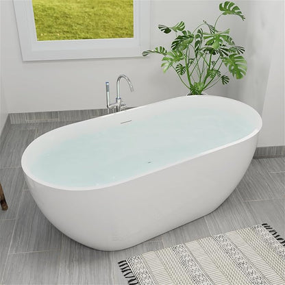65" Acrylic Freestanding Bathtub, Double Ended Free Standing Tub, Soaking Tub with Integrated Slotted Overflow, Toe-Tap Chrome Drain, cUPC Certified, Glossy White