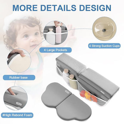 Roslim Bath Kneeler and Elbow Rest Pad Set - Quick Dry Soft Bath Mat Bundle - Non-Slip Durable Foam Kneeling Pads for Bathing, Tub Arm Rest with Toy Storage Pockets - Machine Washable, Grey