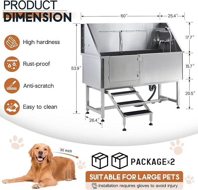 Albott 60 Inch Stainless Steel Dog Washing Station with Anti-Slip Steps, Sprayer, Faucet, Soap Box & Tow Rope – Professional Pet Bathtub for Large Dogs, Great for Home, Garage or Grooming (Left)