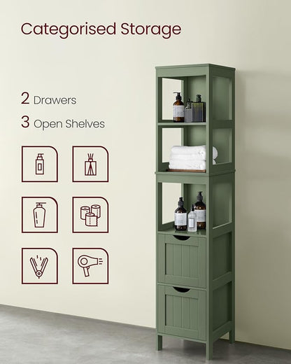 VASAGLE Storage Cabinet, Storage Organizer Rack Stand for Bathroom, Living Room, Bedroom, Multifunctional Corner Unit, 2 Drawers, 55.7 Inches in Height, Forest Green UBBC066C01