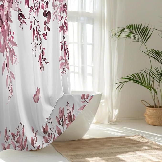 No Hook Shower Curtain and Liner Set, Dark Red Eucalyptus Floral Shower Curtains for Bathroom, Bath Curtain Sets with Snap in Liner, Waterproof with See Through Top Window, 71x84 Inches
