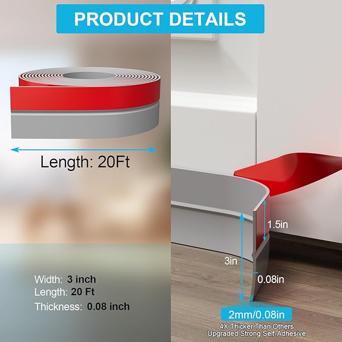 Heavy-Duty 3Inch (W) x 20FT(L) Door Weather Stripping, Extra Thick 2mm Door Draft Stopper Silicone Seal Strip, Draft Seal Tape for Doors Windows and Shower Glass Gap
