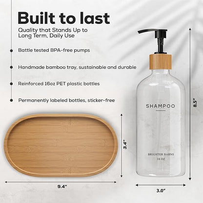 Clear Shampoo and Conditioner Dispenser Set by Brighter Barns - Refillable Plastic Shower Dispenser for Bathroom - Shampoo Bottles & Tray - Modern Bathroom Accessory for Hotel, Vacation Rental (Clear)