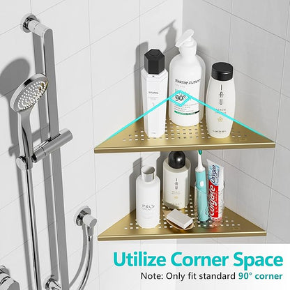 Corner Shower Shelves, 10” Recessed Tile Shower Shelf Brushed Golden, 304 Stainless Steel Grout in Corner Tile Shower Shelves, No Drilling, 2 Pack