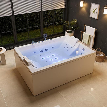 Empava PRO Series 71"x51" Jetted Bathtub, Alcove Spa Tub | 16 Hydro + 24 Air Jets, Chromotherapy & Waterfall | Thermostatic Control, Rectangular Acrylic Whirlpool Bathtub, White (ETL Certified)