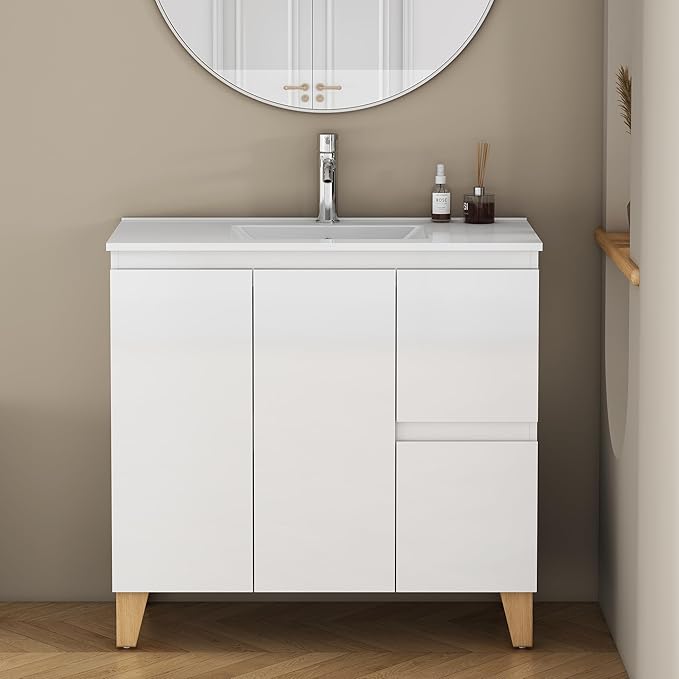 36" Freestanding Bathroom Vanity with Sink, High Gloss White Cabinet, Mid-Century Solid Wood Legs, 2 Doors & 2 Side Drawers, Scandi Modern Storage for Master Bath